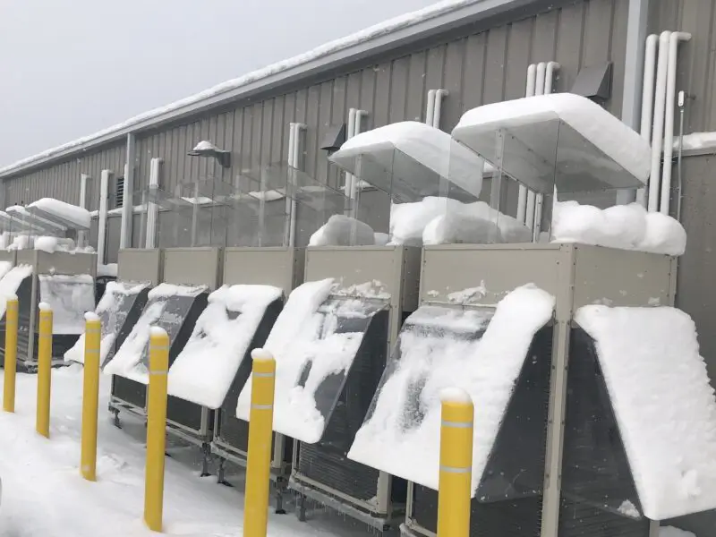 NoBo exterior after: severe-weather outdoor units operating in snow