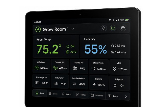 Controls dashboard showing room temperature, humidity, CO2, VPD, hot-gas reheat, and lighting for a single grow room