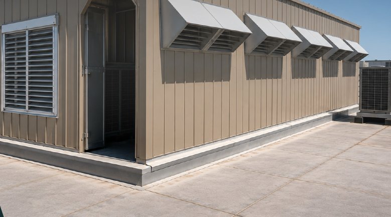 An EasyRoots HVAC Penthouse enclosure on a rooftop with louvered vents
