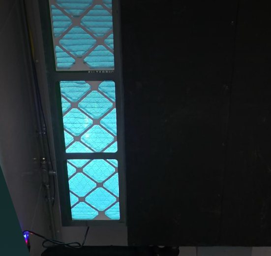 UV-lit MERV filters glowing blue in a live EasyRoots install